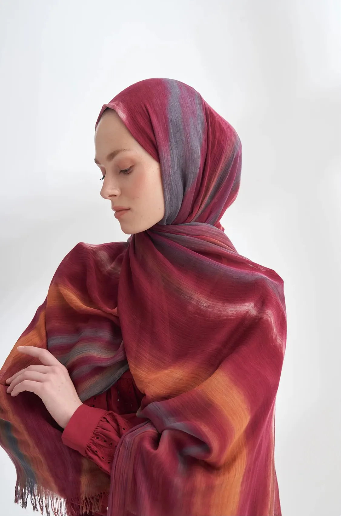 ORGANIC TOUCHE VİSKON BELEND DESEN ŞAL BURGUNDY GRİ