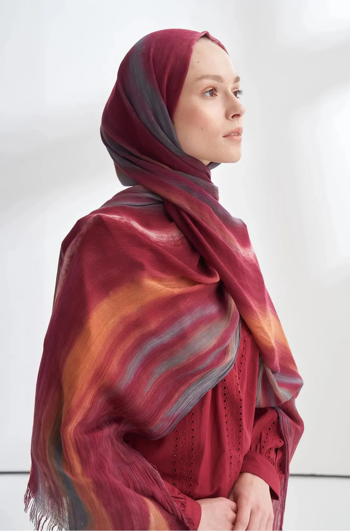ORGANIC TOUCHE VİSKON BELEND DESEN ŞAL BURGUNDY GRİ