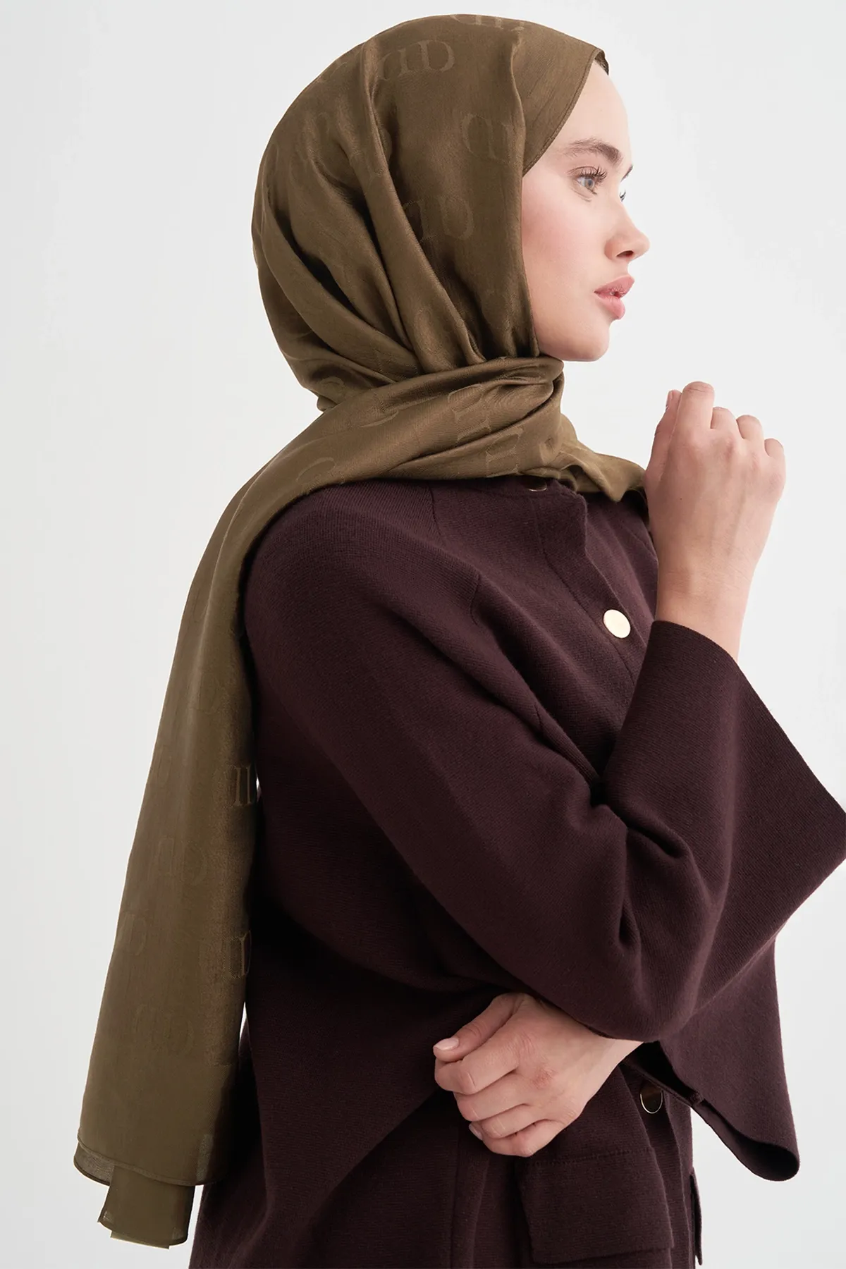 Monogram Desen Liora Pamuk Şal Ceviz