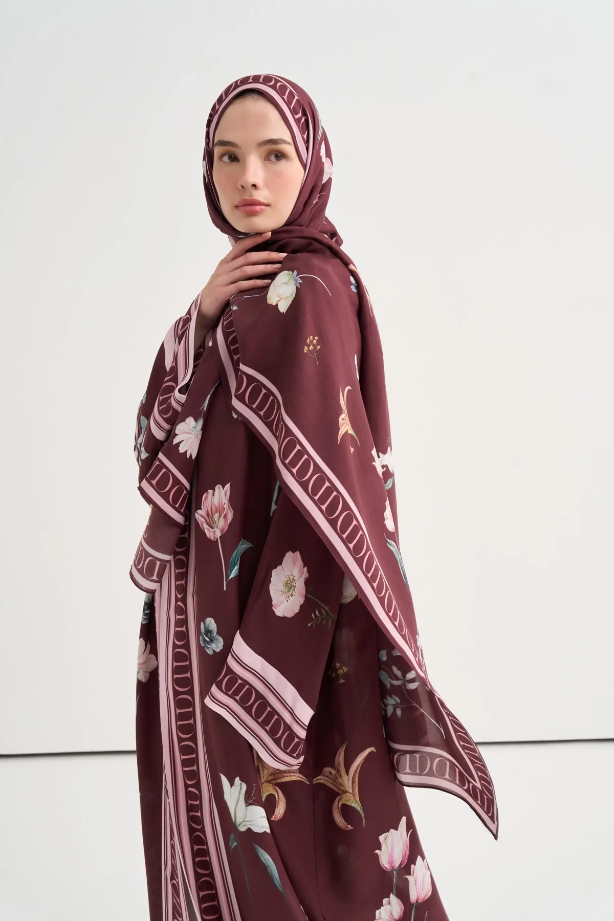 Dream Çiçekli Monogram Floş Şal Bordo